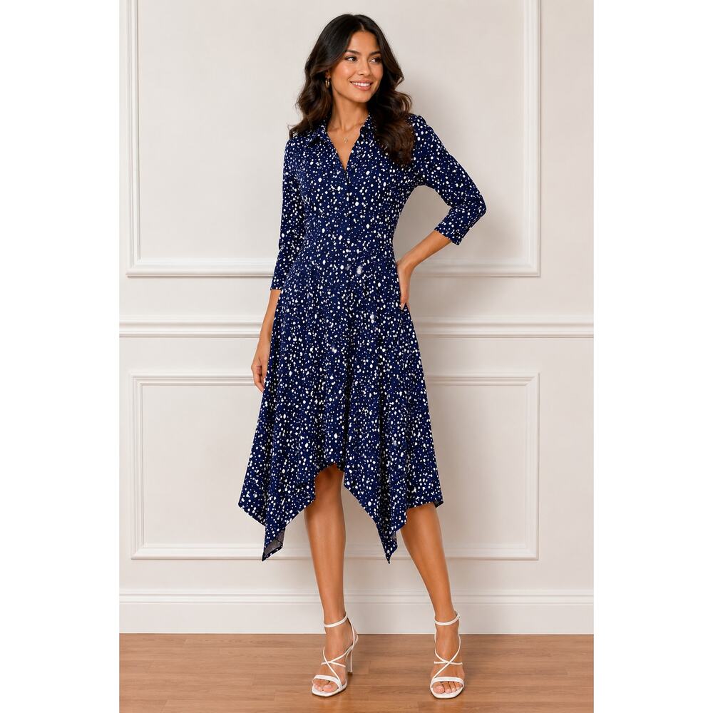 Eliza J Navy & White Splatter Print Handkerchief Hem Dress Size 6 - Picture 2 of 3